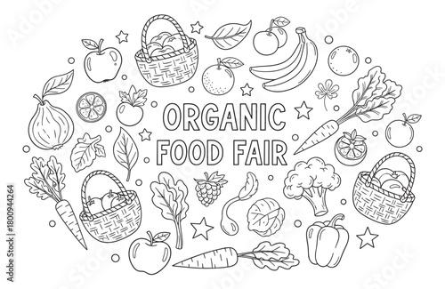Hand-drawn doodle illustration of fresh organic fruits and vegetables surrounding text for a food fair, presented as a black and white line art coloring page on a clean background