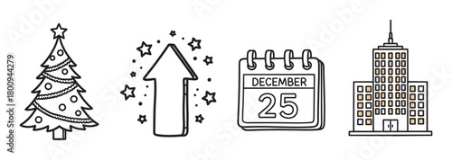 A collection of black and white line art icons for the holiday season, featuring a Christmas tree, a calendar for December 25, a skyscraper, and a celebratory arrow with stars