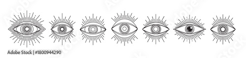A collection of mystical all-seeing eye symbols with sunburst rays, hand-drawn in a black and white line art style for esoteric, spiritual, and occult design themes isolated on a white background
