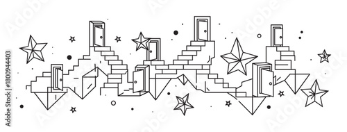 A surreal black and white line art illustration of an abstract architectural maze with stairs and open doors among stars, symbolizing a journey of choice, opportunity, and ambition