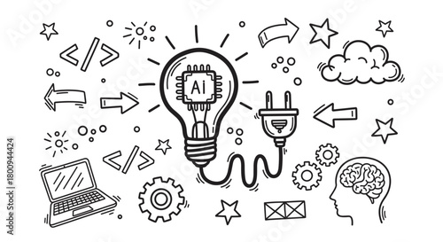 A hand-drawn doodle illustration showing the concept of artificial intelligence with a lightbulb, AI chip, laptop, brain, and coding symbols representing innovation and technology