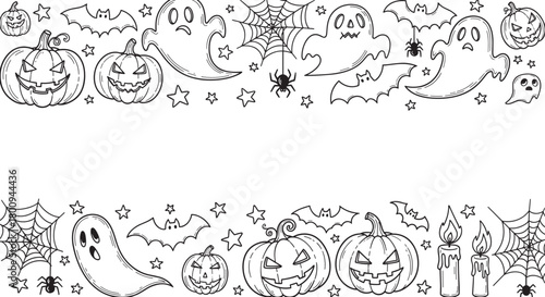 Festive Halloween border with hand-drawn black and white doodles of jack-o'-lanterns, ghosts, bats, and spiders, creating a fun and spooky frame on a white background