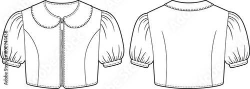 Cropped blouse fashion sketch, puff sleeve design, Peter Pan collar, front zipper closure, princess seam detail, garment illustration template