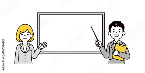 ホワイトボードと、指示棒で説明するスーツ姿の若い男性と女性の上半身ベクターイラスト素材