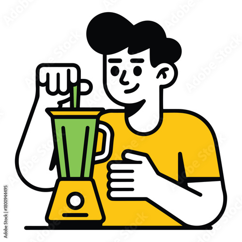 Smiling man diligently preparing a refreshing green smoothie in a sleek blender, embodying a joyful and vibrant lifestyle focused on nutritious homemade beverages and wellness