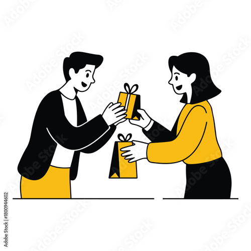 Joyful moment of appreciation and generosity as two people exchange thoughtful gifts, symbolizing connection and shared happiness in a minimalist illustration