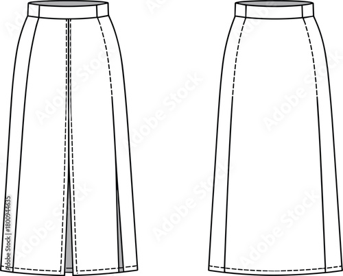 Fashion sketch, skirt technical drawing, A-line silhouette, high waist skirt, garment construction, front slit, back view, sewing pattern, apparel design, fashion illustration, clothing blueprint, 