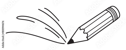 Minimalist black and white line art icon of a pencil drawing a dynamic swoosh, symbolizing creativity, writing, and education, isolated on a clean white background