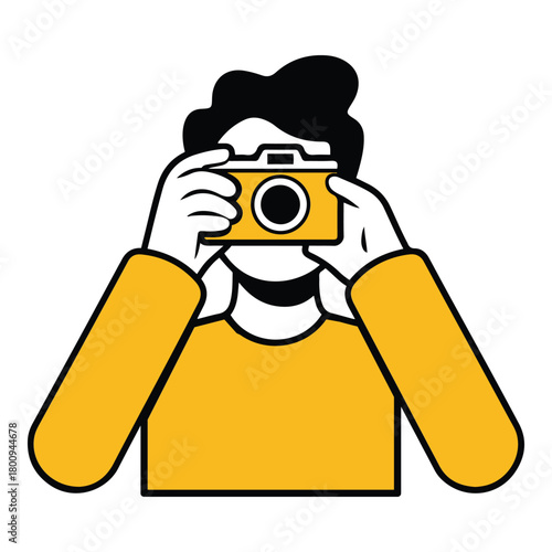 A vibrant illustration depicting a person actively engaging in photography, holding a digital camera to capture a moment, representing creative expression and visual storytelling