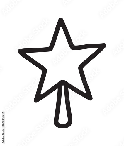 A simple hand-drawn star icon with a thick black outline, isolated on a white background, representing a festive Christmas tree topper or a symbol of magic and celebration