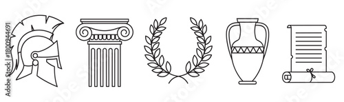 Collection of historical symbols from ancient civilization, featuring a warrior helmet, architectural column, laurel wreath, pottery amphora, and a manuscript scroll in a simple outline style