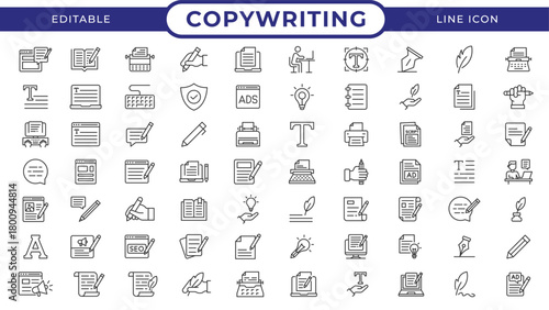 Copywriting Line Icon Set. Content Writing, SEO, Editing, Proofreading, Storytelling, Marketing and Creative Document Editable Vector Collection