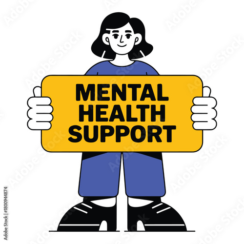 Empathetic character holding a 'Mental Health Support' sign, symbolizing encouragement and awareness for well-being and psychological assistance, promoting a positive mindset