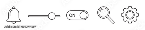 A minimalist set of black outline user interface icons including a bell, slider, toggle switch, search, and settings gear, isolated on a white background