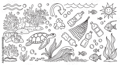 A hand-drawn doodle set illustrating the environmental concept of ocean pollution, with plastic waste like bottles and nets harming marine life such as turtles, fish, and coral