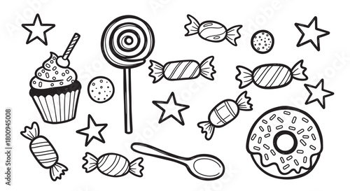 Playful set of black outline doodle icons with various sweet treats, including a cupcake, donut, lollipop, and wrapped candies, isolated on a simple cream background