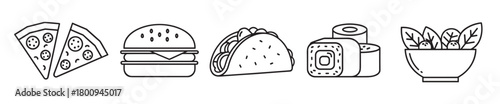 Minimalist black outline icons of popular international foods including pizza, a burger, a taco, sushi rolls, and a fresh salad, arranged in a row on a clean white background