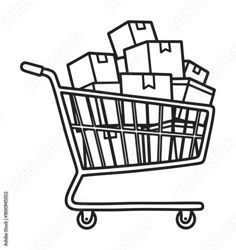 A black and white line art icon of a shopping cart overflowing with cardboard boxes, representing e-commerce, online ordering, and bulk purchasing on a white background