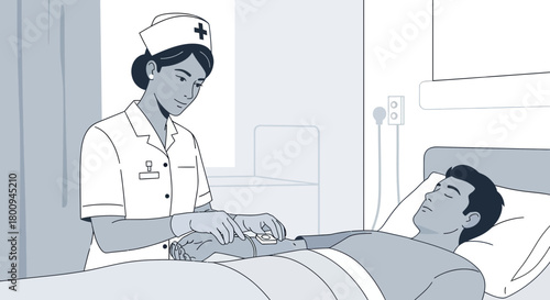 Hospital Nurse Providing Patient Care During Medical Treatment in a Bed Setting