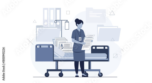 Hospital Nurse Reviewing Patient Charts And Medical Data Beside Bed With Files