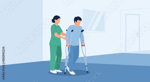 Hospital Rehabilitation: Nurse Assisted Patient Walks with Cruches After Injury