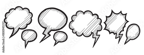 A set of hand-drawn comic speech bubbles and thought balloons in a black and white doodle style, isolated on a plain background for communication or dialogue concepts