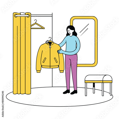 Illustration of a woman holding a yellow jacket while shopping in a clothing store fitting room