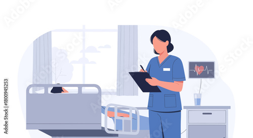 Hospital Nurse Writing Patient Notes Beside Bed Illustrating Healthcare and Diagnosis Information
