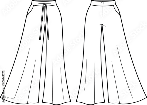 Wide-leg pants sketch, fashion illustration, technical drawing, garment design, front and back view, drawstring waist, flared silhouette, apparel template, sewing pattern, 