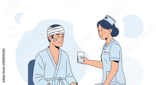Hospital Scene: Nurse Attends to Patient with Injuries with Glass of Water