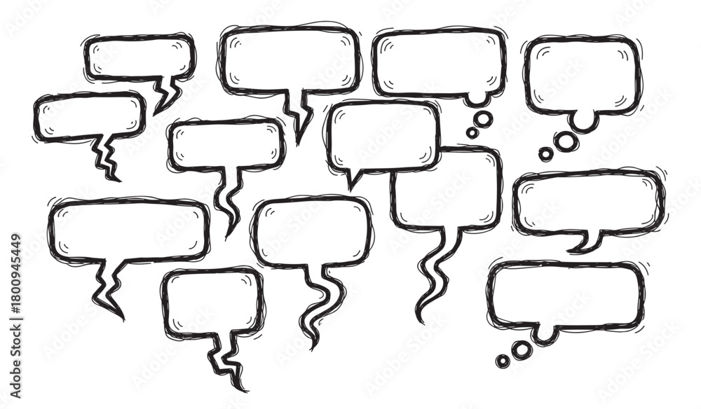 Obraz premium A set of various empty speech and thought bubbles with a rough, hand-drawn sketch texture, isolated on a white background for representing dialogue, ideas, or conversation