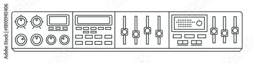 Minimalist black and white line art illustration of a professional audio mixing console with knobs, faders, and buttons, isolated on a white background for a clean, technical look