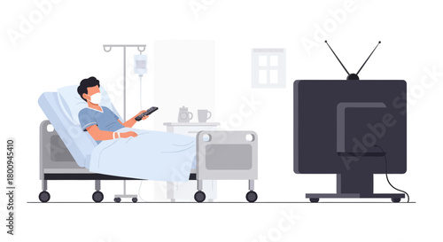 Hospitalized Patient Watching Television, Healthcare Illustration with Minimalist Design