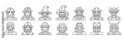 A collection of fantasy character avatars including elves, wizards, and dwarves, rendered in a clean, geometric line art style perfect for role-playing game icons or user profiles
