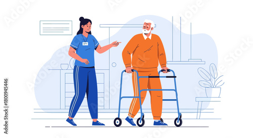Illustration Of A Caregiver Assisting An Elderly Patient With Walking, Home Healthcare