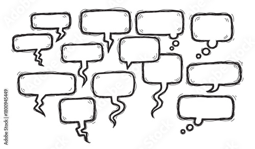 A set of various empty speech and thought bubbles with a rough, hand-drawn sketch texture, isolated on a white background for representing dialogue, ideas, or conversation