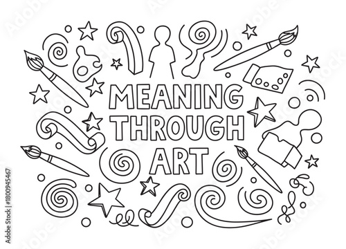 Hand-drawn line art concept about finding purpose and expression through creativity, featuring inspirational text and various artistic doodles like brushes, swirls, and stars