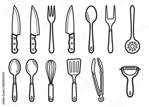 A simple black and white outline illustration of various cooking utensils and cutlery, featuring a knife, fork, spoon, whisk, and peeler, arranged neatly in a set against a white backdrop