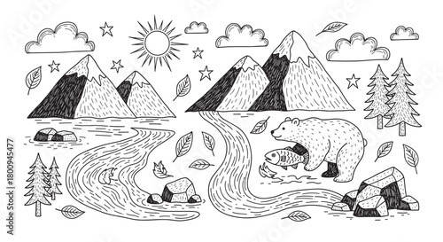 A charming hand-drawn doodle illustration of a bear catching a fish in a mountain river with pine trees, sun, and clouds in a whimsical, rustic outdoor adventure scene