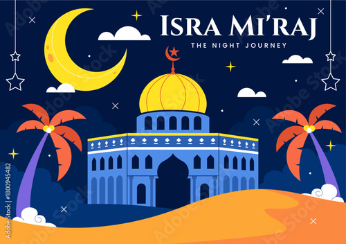 Isra Mi'raj Vector Illustration, featuring The Night Journey Of Prophet Muhammad With Mosque And Lantern In An Islamic Holiday Flat Background