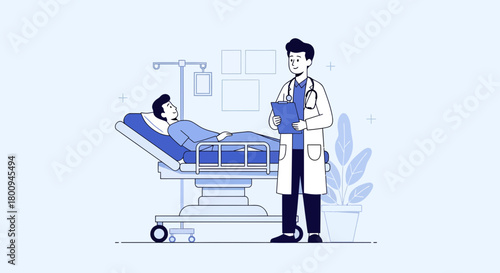 Illustration Of Doctor Visiting Patient In Hospital Room For Checkup and Examination