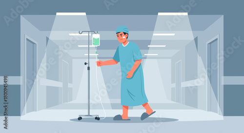 Hospitalized Patient Maneuvering IV Drip Stand Down Modern Medical Facility Corridor