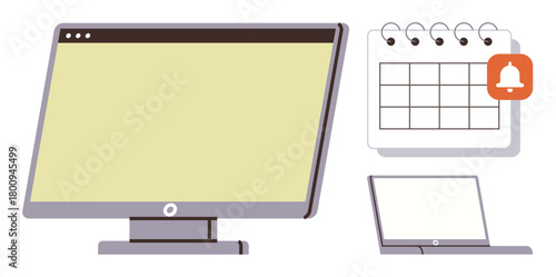 Desktop monitor, calendar with notification bell, and laptop representing productivity, planning, scheduling, reminders, organization, remote work and time management. Simple flat metaphor
