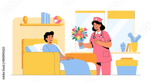 Kind Nurse Offering Flowers To Patient, Promoting Compassion And Speedy Recovery In Hospital