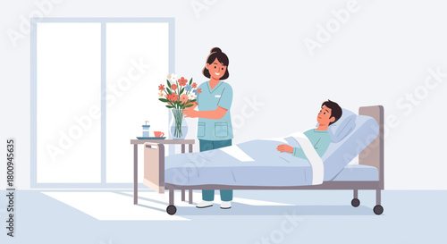 Kind Healthcare Worker Tending To Sick Patient, Offering Support and Fresh Flowers