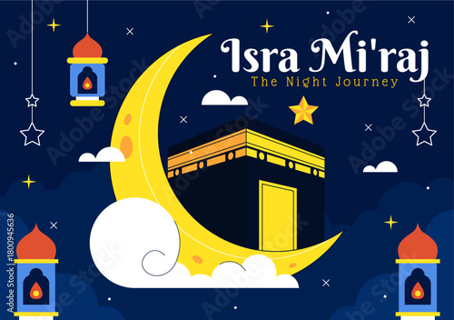 Isra Mi'raj Vector Illustration, featuring The Night Journey Of Prophet Muhammad With Mosque And Lantern In An Islamic Holiday Flat Background