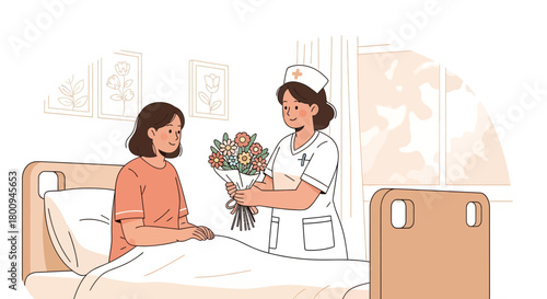 Kind Nurse Presents Flowers To Patient In Hospital Room, Promising Health And Recovery