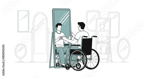 Man In Wheelchair Looking Into Mirror With Other Mirrors Symbolic Illustration