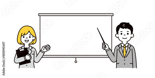 スクリーンと、ポインターで説明するスーツ姿の若い男性と女性の上半身ベクターイラスト素材