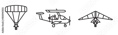 Minimalist black outline icons representing various aerial activities like parachuting, flying an autogyro, and hang gliding, presented as a simple vector graphic set